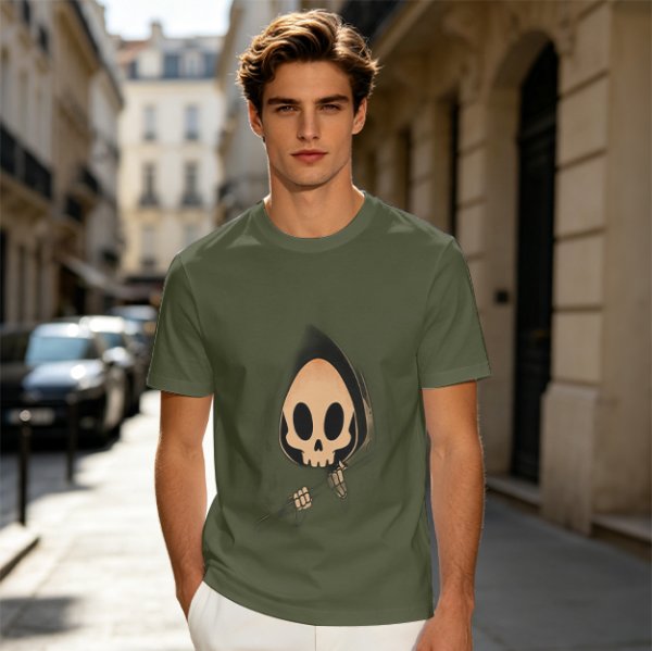 Olive T-shirt with Cute Grim Reaper Skull Graphic