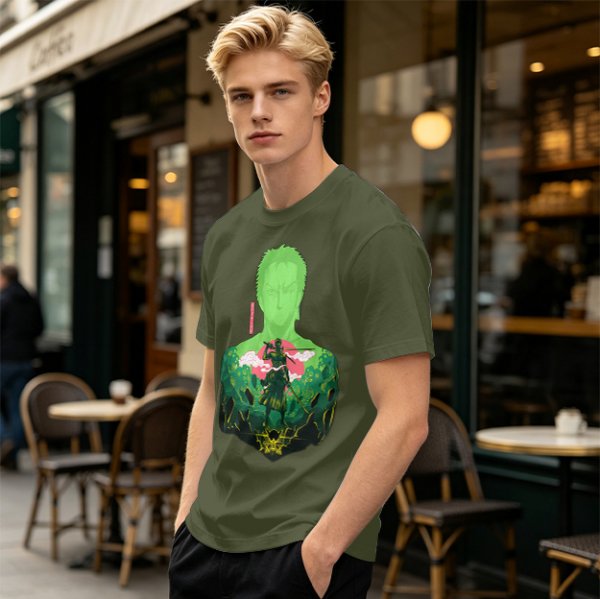 Olive Anime T-Shirt With Samurai Warrior Silhouette Art