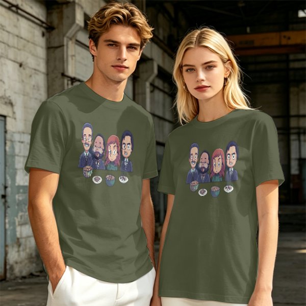 Olive T-shirt with Cartoon Group of Four People and Bowls Print
