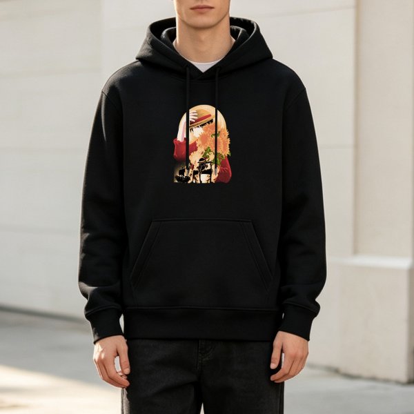 Black hoodie with anime character and floral graphic print