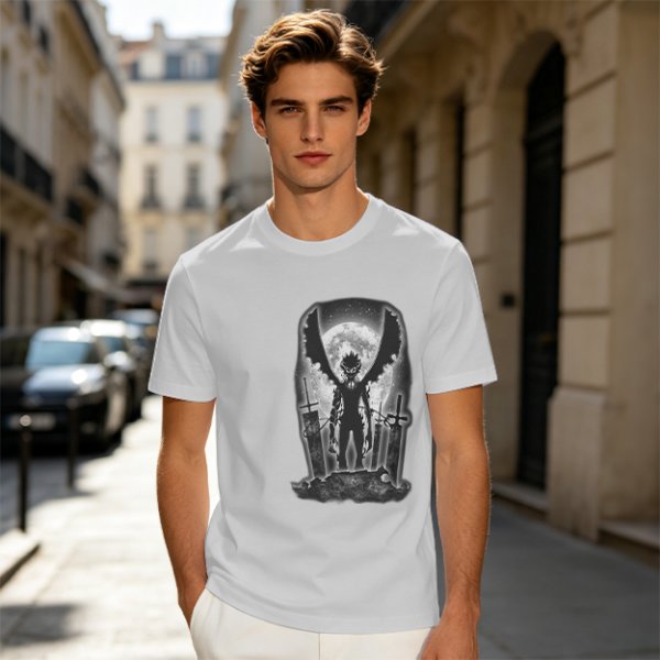 Olive t-shirt with dark anime winged warrior under full moon print