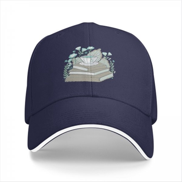 Black baseball cap with teacup on books and botanical print