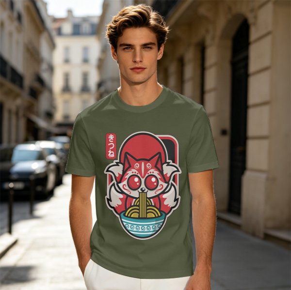Olive t-shirt with cute kitsune fox eating ramen graphic