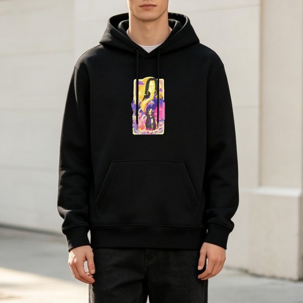 Black hoodie with vibrant anime-style tarot card graphic