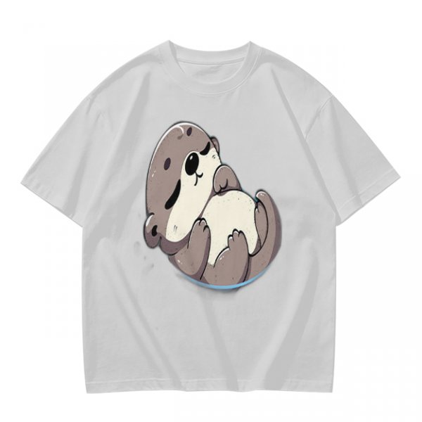 Olive Green T-Shirt with Cute Sleeping Otter Graphic