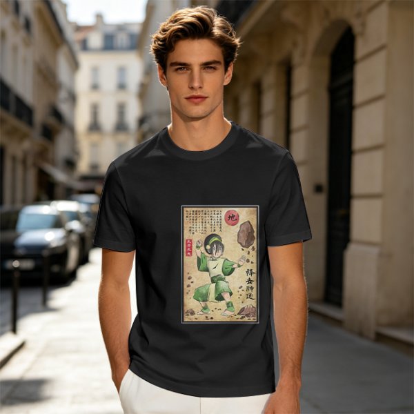 Olive T-shirt with Earthbender Character Vintage Art Print