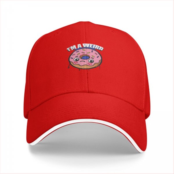 Black baseball cap with sad donut graphic and 'I'M A WEIRD' text