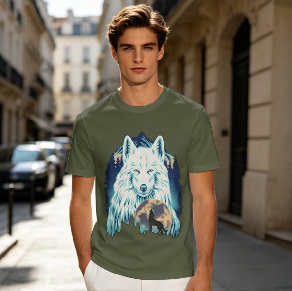 Olive T-Shirt With White Wolf And Howling Wolf Moon Graphic