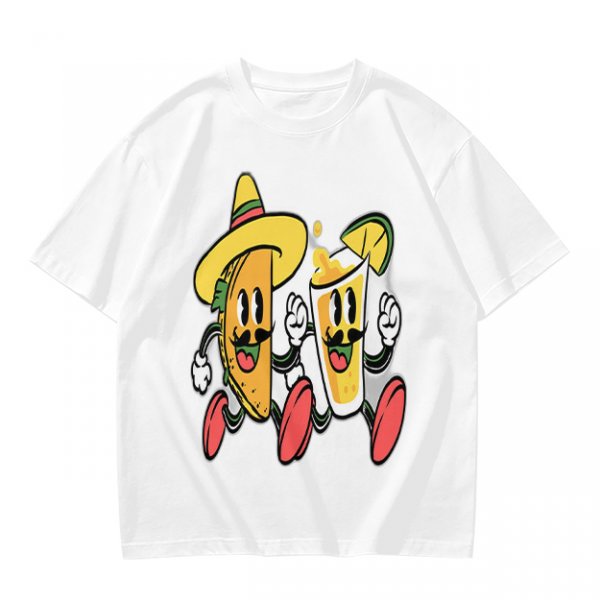 Olive T-Shirt with Cartoon Taco and Beer Graphic