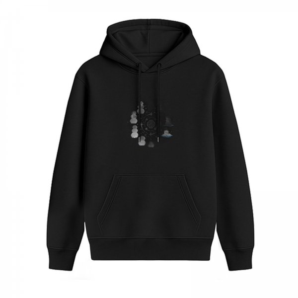 Black Hoodie With Subtle Snowman And Mystical Circular Graphic Print