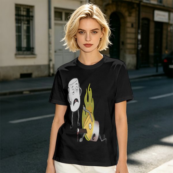Olive T-Shirt With Cartoon Marshmallow and Burning Character Print
