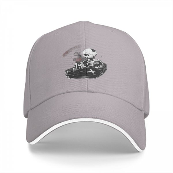 Black baseball cap with skeleton in coffin graphic