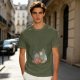 Olive green t-shirt with whimsical elf and dog artwork