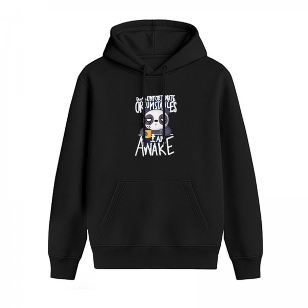 Black hoodie with sleepy panda holding coffee and 'I Am Awake' text
