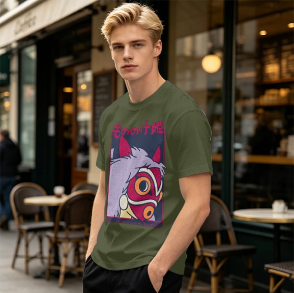 Olive T-shirt with Princess Mononoke Mask Graphic Print