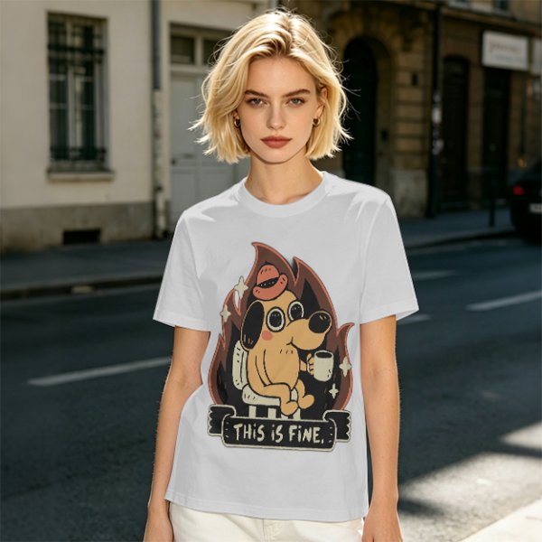 Olive T-Shirt Featuring the 'This Is Fine' Dog in Flames Holding Coffee