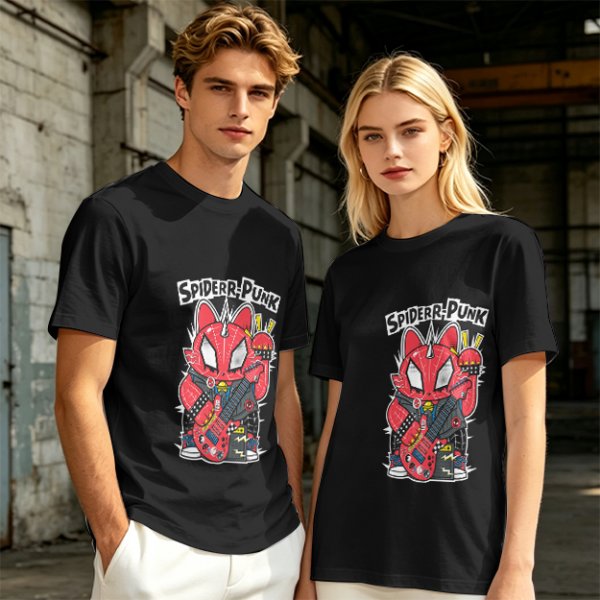 Olive T-shirt with Spider-Punk Cat Playing Guitar Graphic