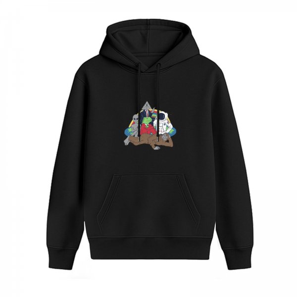 Black Hoodie With Conspiracy Themed Alien Lizard Astronaut Print