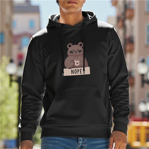 Black graphic hoodie with grumpy bear holding coffee and 'NOPE' text