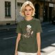 Olive T-shirt with a stressed cartoon cat baking cookies