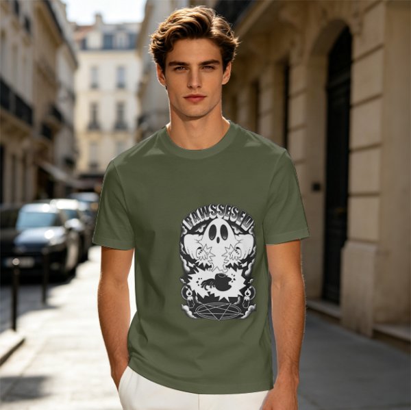 Olive T-shirt with Ghost and Occult Graphic Print
