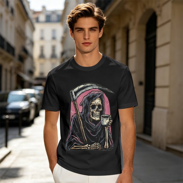 Olive T-Shirt Featuring Grim Reaper Holding Coffee and Scythe