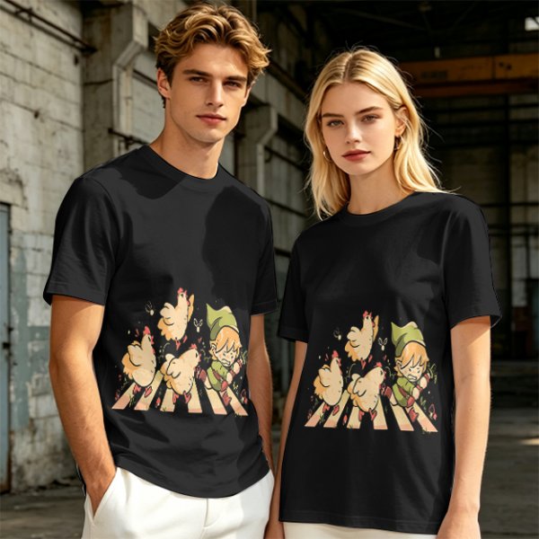Olive Green T-Shirt With Chasing Chickens And Elf Character Print
