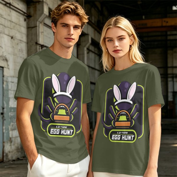 Olive T-Shirt With Alien Bunny Ears Egg Hunt Graphic