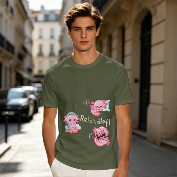 Olive T-Shirt With Cute Axolotl Relaxalotl Graphic Print