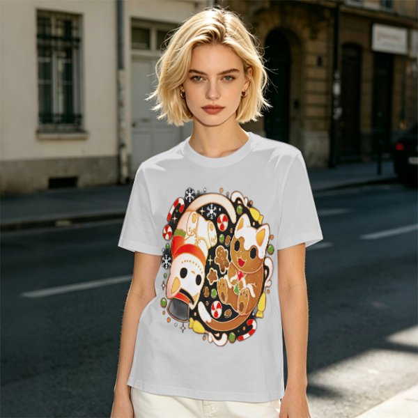 Olive Green T-Shirt With Christmas Cat Gingerbread Candy Print