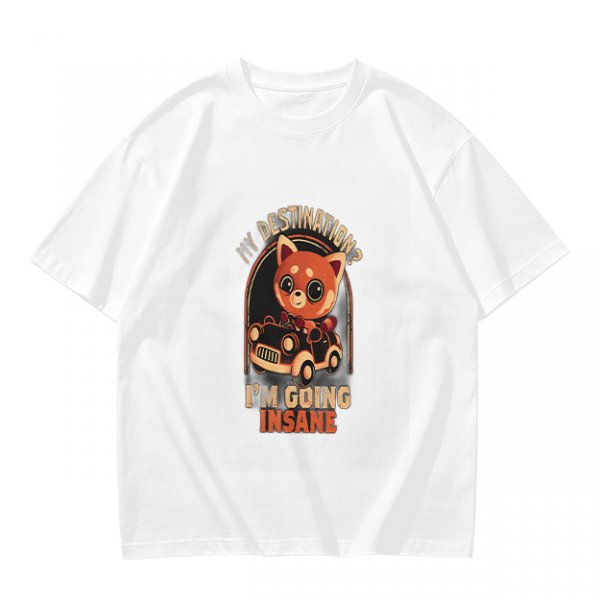 Olive T-Shirt With Red Panda Driving Car 'Destination? I'm Going Insane' Print