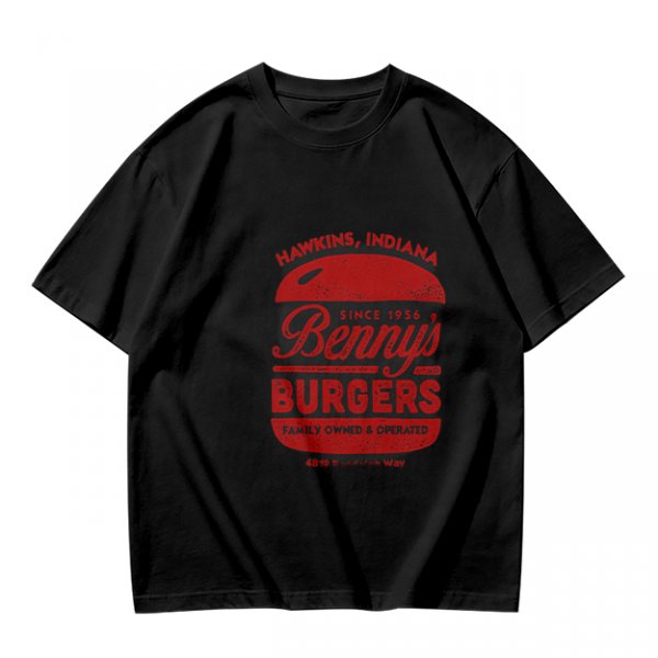 Olive green t-shirt with Benny's Burgers Hawkins Indiana graphic