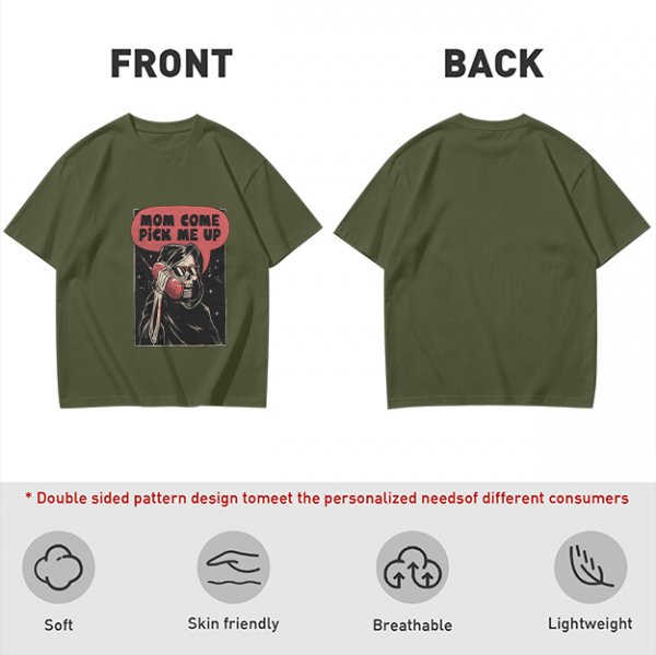 Olive Graphic T-Shirt With Grim Reaper 'Mom Come Pick Me Up' Print