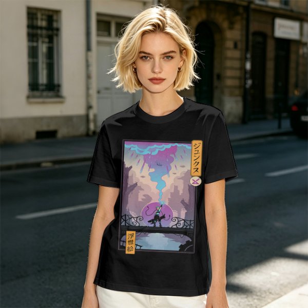 Olive T-shirt with Cyberpunk City Bridge Character Art Print