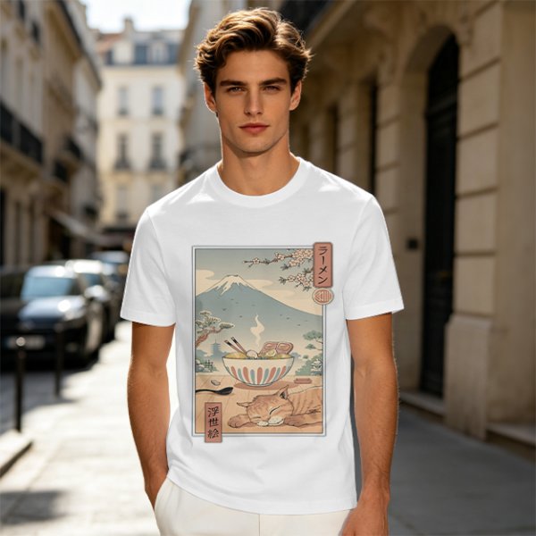 Olive t-shirt with ukiyo-e style ramen cat and Mount Fuji print