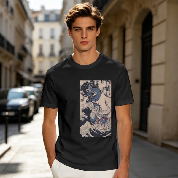 Olive T-Shirt with Japanese Ukiyo-e Dragon and Wave Print