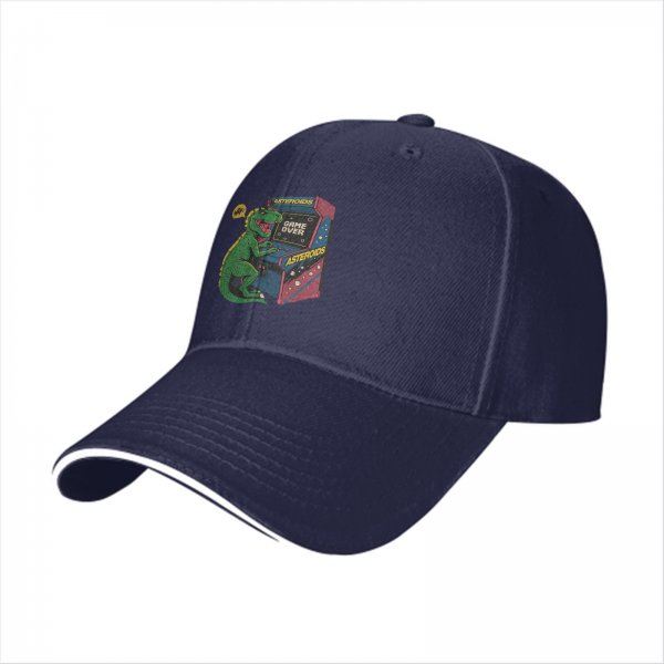 Black Baseball Cap with T-Rex Playing Asteroids Arcade Game Over Print