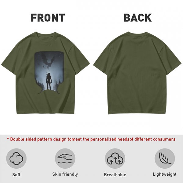 Olive T-Shirt With Dark Fantasy Silhouette Print Of Warrior And Winged Beast