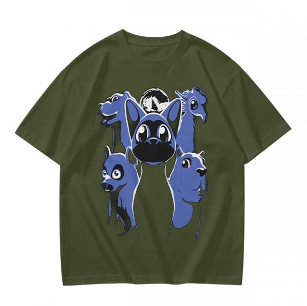 Olive T-Shirt With Blue Fantasy Animal Heads Graphic Print