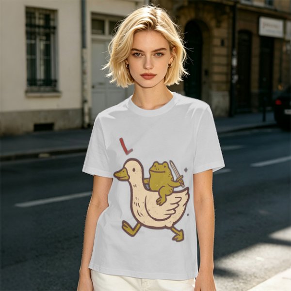 Olive T-Shirt Featuring Frog Riding Duck Holding Knife