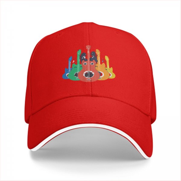 Black Baseball Cap With Colorful Cat Guitar Graphic Design