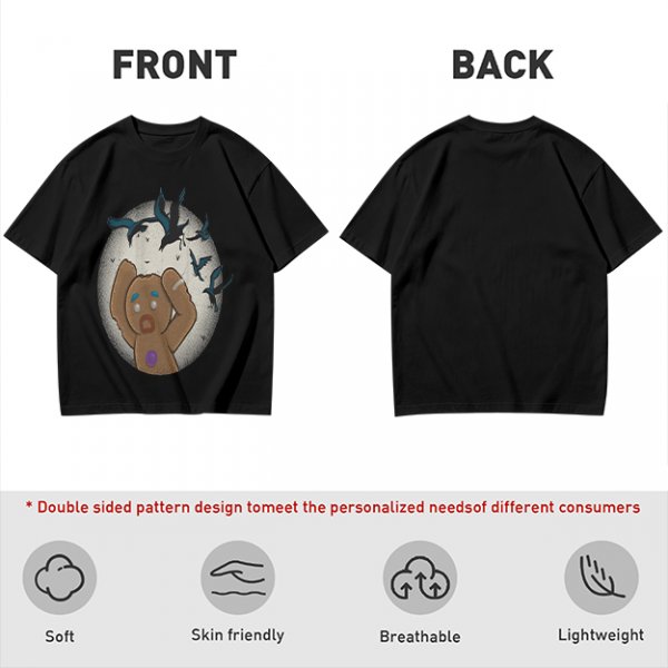 Olive T-shirt with a terrified gingerbread man and flying birds graphic