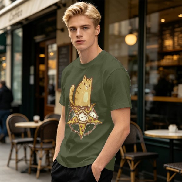 Olive T-Shirt With Cat Sitting On Pizza Pentagram Artwork