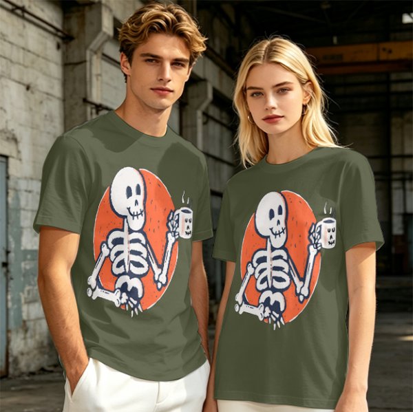 Olive Skeleton Holding Coffee Mug Graphic T-Shirt