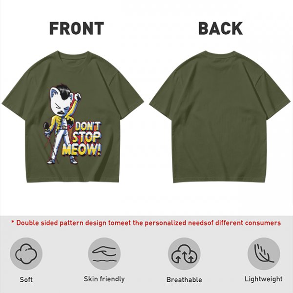 Olive graphic t-shirt with cat Freddie Mercury 'Don't Stop Meow' print