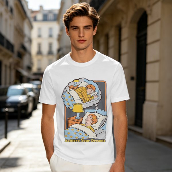 Olive graphic t-shirt with sleeping person and 'Achieve Your Dreams' text