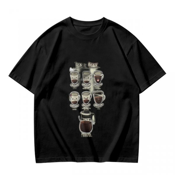 Olive Green T-Shirt With Cute Cartoon Coffee Cups Graphic