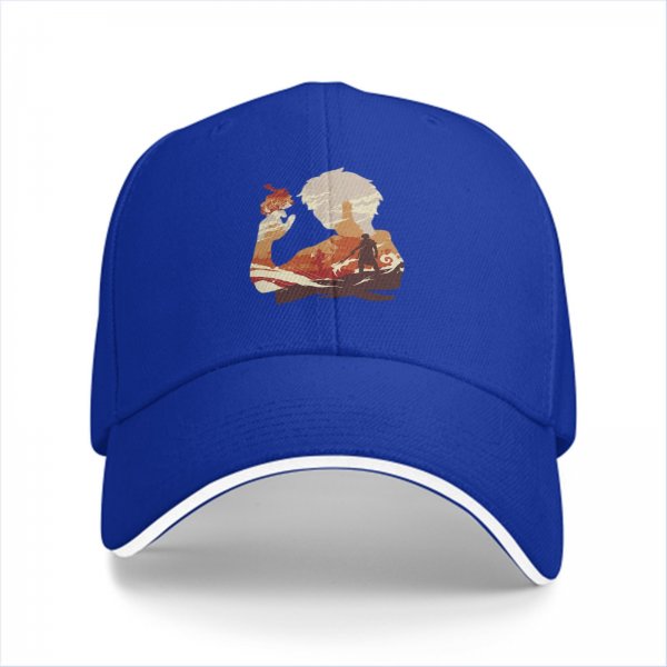 Black baseball cap with anime silhouette graphic of two characters