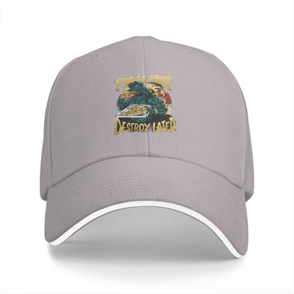 Black baseball cap with pizza first destroy later godzilla graphic
