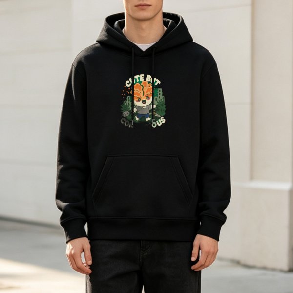 Black Hoodie With Cute But Cautionary Mushroom Character Graphic